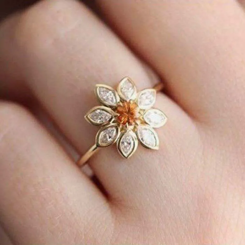 Елегантни златни пръстени с цветя за жени, модерно метално годежен пръстен с бял жълт камък, бижута за годеж