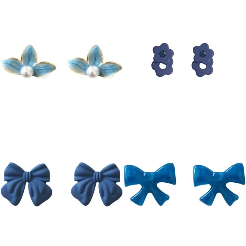 Сладки Прости обеци-клипове с перли за момичета, сини цветя, красиви обеци корейски