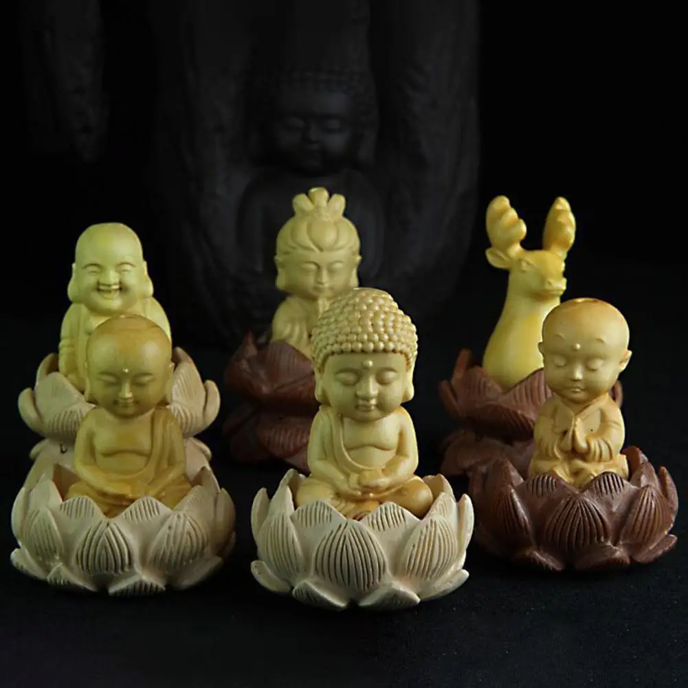 Украса на Буда, мини-небоядисана статуетки на Буда, дърво, тънка работа, статуетка монах, домашен декор
