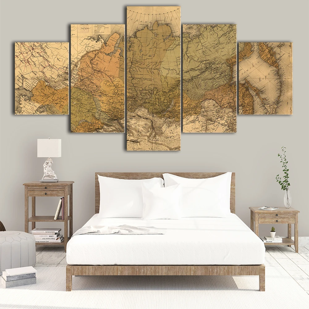 художествен плакат с 5 ламперия, карта на Русия, боядисване на тъкани, ретро-карта, спалня, хол, всекидневна с рамка