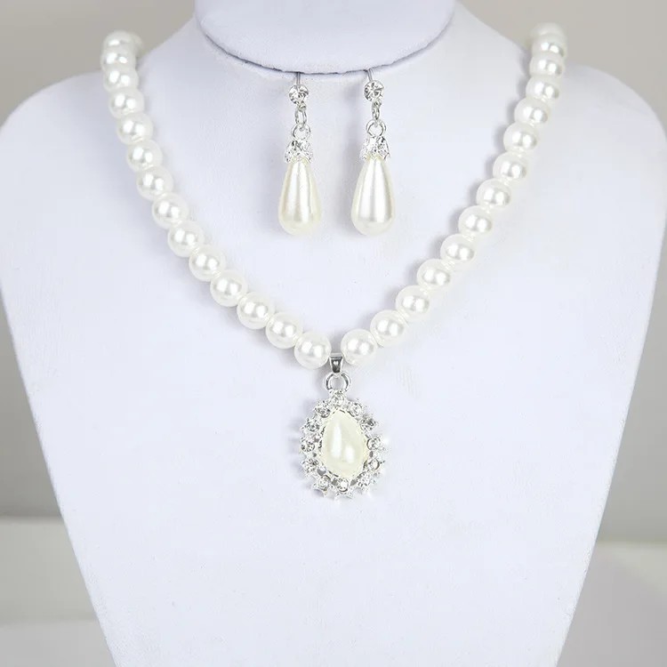 Нов модерен елегантен комплект сватбени бижута с големи перли за жени, сребрист цвят, кристални обеци-капчици, огърлица, комплект за жени, Подаръци