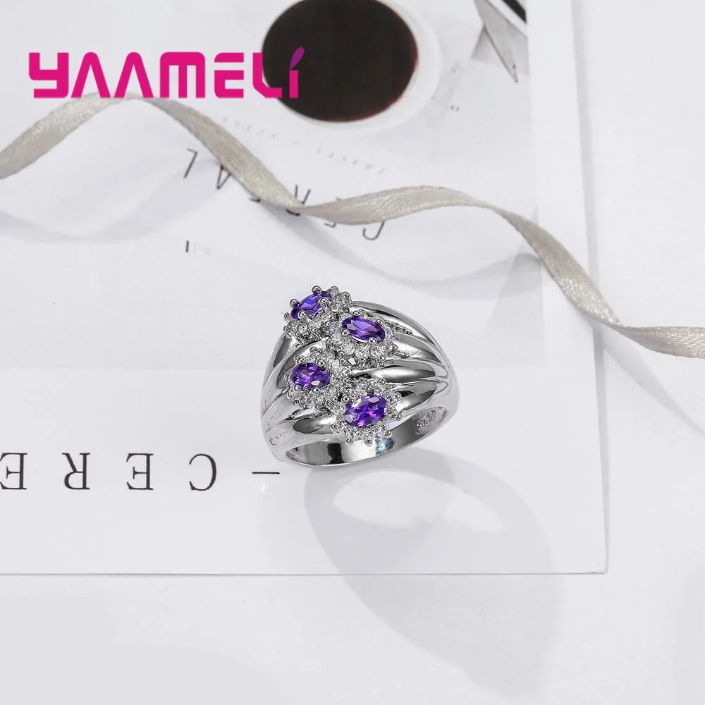 Четири Големи виолетови цветни пръстени за жени и Момичета, очарователни бижута от сребро 925 проба, пръстени с игли, Кристал, кристал, Годежни Анилоны