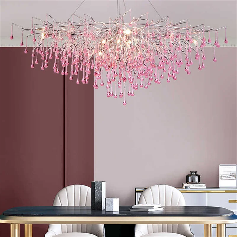 Полилеи от модерно розов кристал, украса на стаята, окачен таван с капки вода, интериор за пространството, окачен луксозен, лампа за дневна