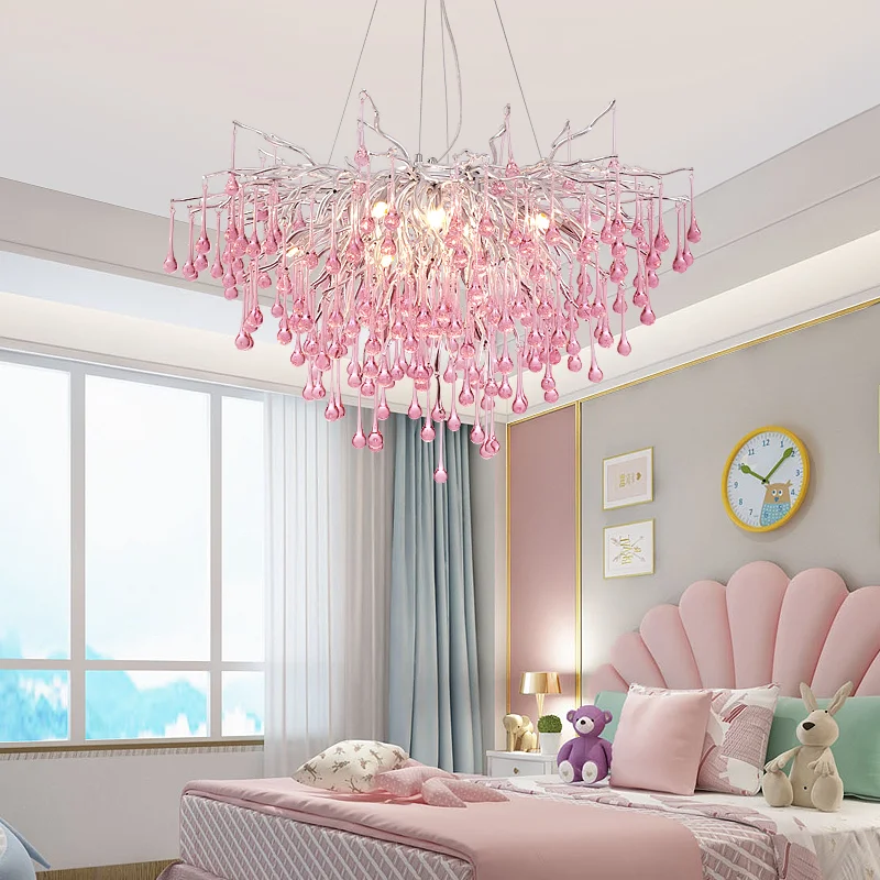 Полилеи от модерно розов кристал, украса на стаята, окачен таван с капки вода, интериор за пространството, окачен луксозен, лампа за дневна