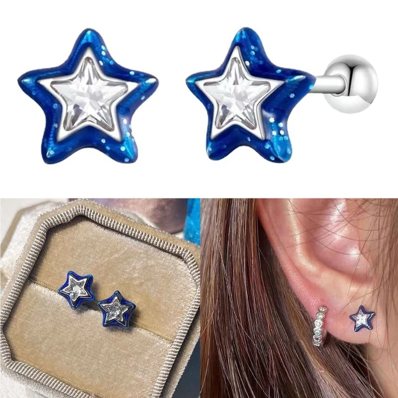 Обеци-карамфил с пентаграма като сини звезди, модни Обеци за пиърсинг, инкрустиран цирконий, малки обеци-карамфил за уши, Подарък за жени и момичета